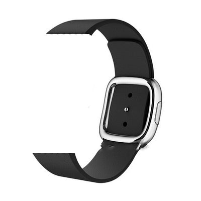 Leather modern buckle strap for Apple Watch in black, showcasing a sleek design and premium material.
