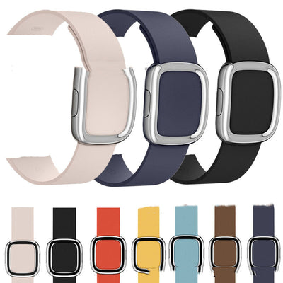 Leather modern buckle strap for Apple Watch in black, pink, and dark blue colors with various other shades displayed.