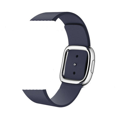 Navy leather modern buckle strap for Apple Watch, showcasing a sleek design and genuine leather material.