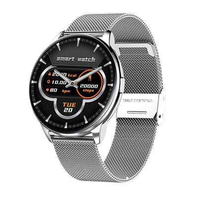 Y90 Smart Watch with black display, mesh strap, tracking steps, heart rate, and calories.