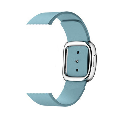 Light blue leather modern buckle strap for Apple Watch band, 38MM/40MM size, stylish and comfortable design.